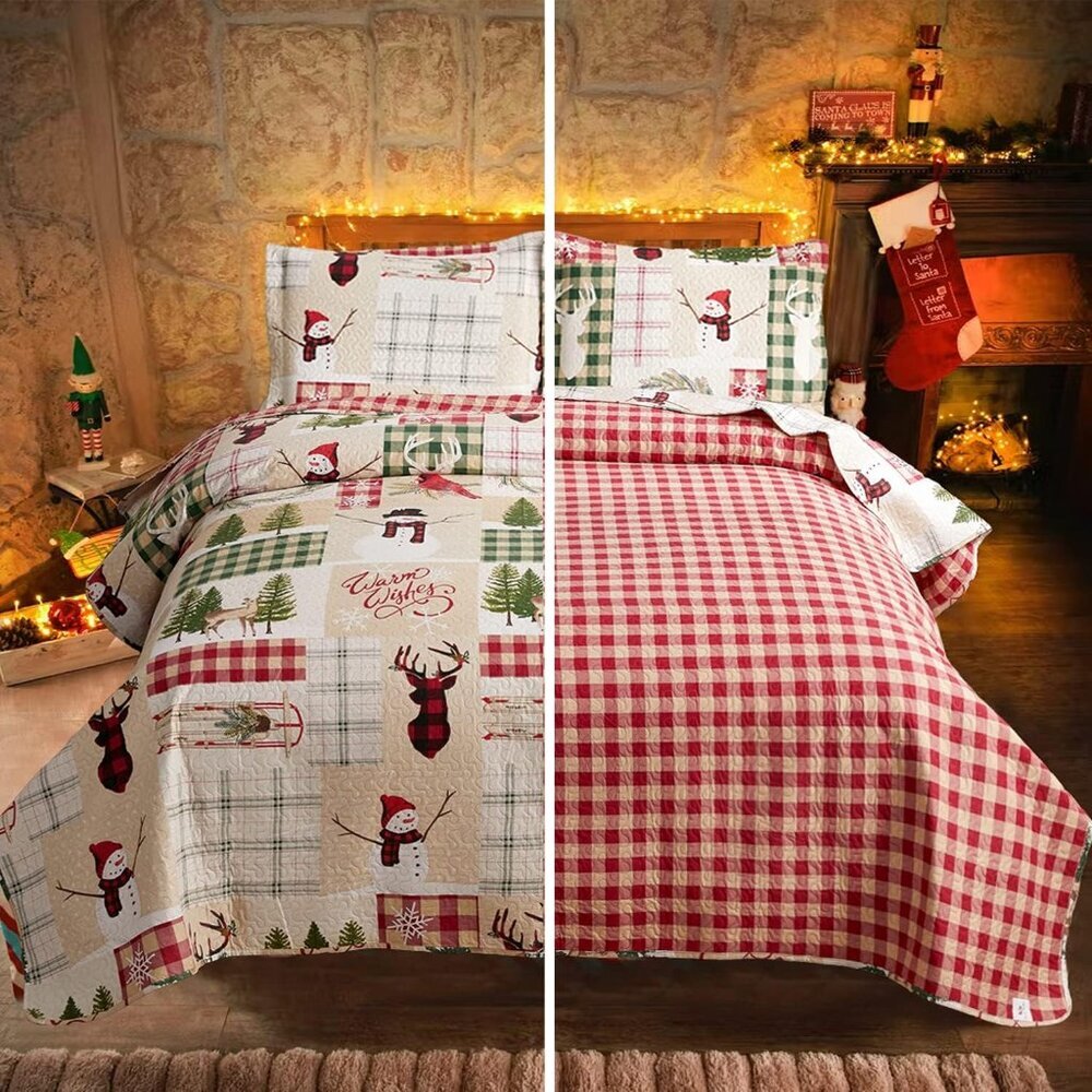 Elegant Christmas Quilt Bedspread with Moose & Elk - Queen Reversible Set